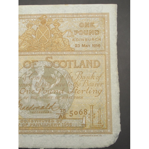 616 - Bank of Scotland, £1, 23 Mat 1916, serial number 75/AE 5068, Macdonald signature