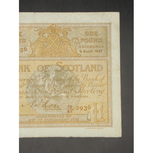 617 - Bank of Scotland, £1, 2 August 1927, serial number 74/AT 2936, Rose signature