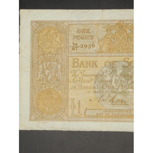 617 - Bank of Scotland, £1, 2 August 1927, serial number 74/AT 2936, Rose signature