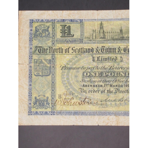 623 - The North of Scotland & Town & County Bank Limited, £1 1 March 1918, serial no. B 0987/0399, Johnsto... 