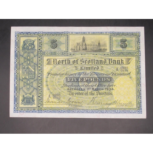 624 - The North of Scotland & Town & County Bank Limited, £5 1 March 1934, serial no. A 0935/0319, Brown a... 