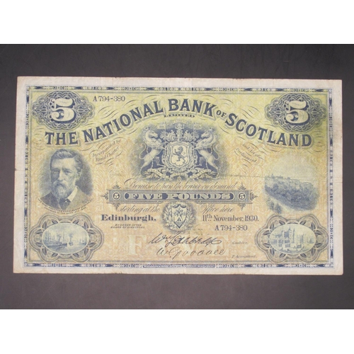 626 - The National Bank of Scotland £5 11 November 1930, serial no. A794-380, (unreadable) and Goodall sig... 