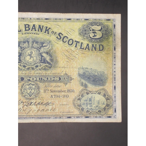 626 - The National Bank of Scotland £5 11 November 1930, serial no. A794-380, (unreadable) and Goodall sig... 