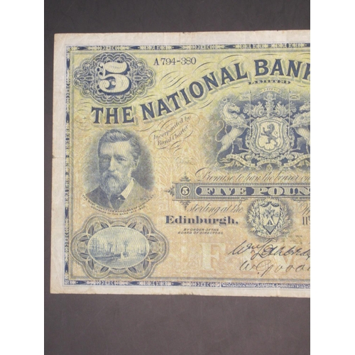 626 - The National Bank of Scotland £5 11 November 1930, serial no. A794-380, (unreadable) and Goodall sig... 