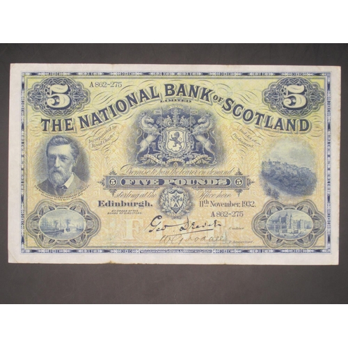 627 - The National Bank of Scotland £5 11 November 1932, serial no. A862-3275, George Drever and Goodall s... 