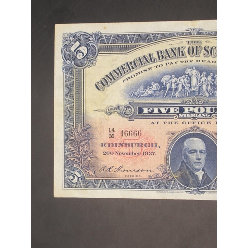 628 - The Commercial Bank of Scotland Limited £5 20 November 1937, serial no. 14/M 16666, Thomson and Ersk... 