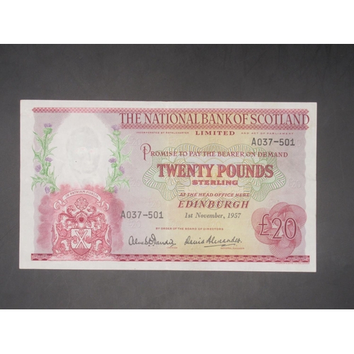 632 - The National Bank of Scotland £20 1 November 1957 (x2), serial nos. A037-501 & A013-288, both with D... 