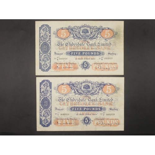 634 - The Clydesdale Bank Limited £5 (X2) 19 June 1935, serial no. V2/N 0002829, Mitchell and Young Signat... 