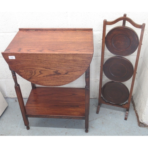 728 - C20th oak two tier drop leaf occasional table and an oak three tier folding cake stand (2)