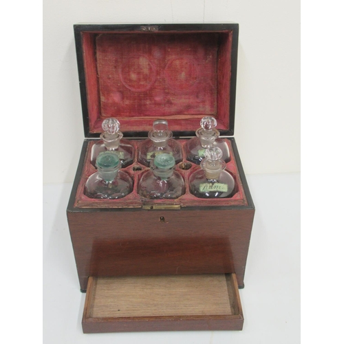 221 - 19th century travelling decanter set, the rectangular mahogany box with brass carrying handle to the... 