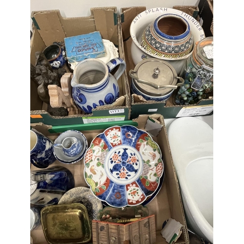 1177 - Various collectables incl. blue and white ceramics, jar of marbles, bed pan, etc.