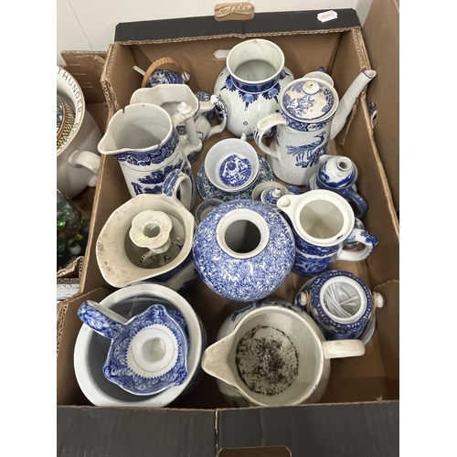 1177 - Various collectables incl. blue and white ceramics, jar of marbles, bed pan, etc.