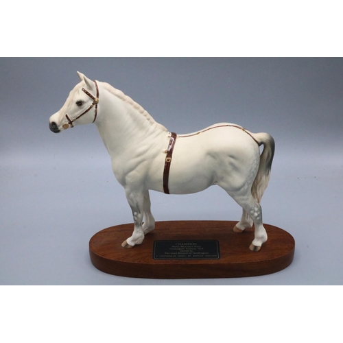 795 - Beswick bisque horse figure on plinth, with a plaque reading 'Champion, Welsh Mountain Pony, Greding... 