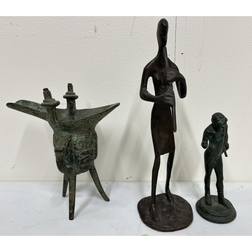 654 - Patinated bronze Chinese Koro, H16cm; bronze figure of Jason and the Golden Fleece, H13cm and an abs... 