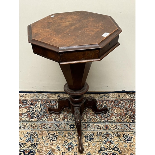 1186 - Victorian mahogany freestanding workbox, octagonal lift up lid, divided interior, tapering octagonal... 