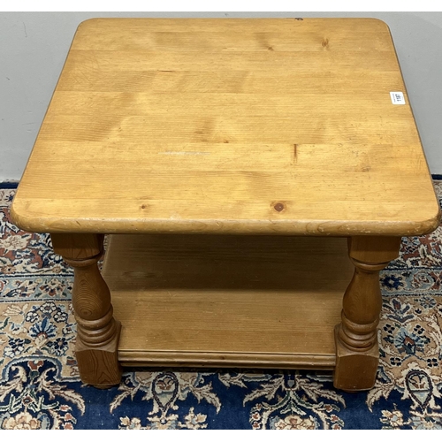 1187 - Pine two tier occasional table, square top, turned legs, W61cm H47cm