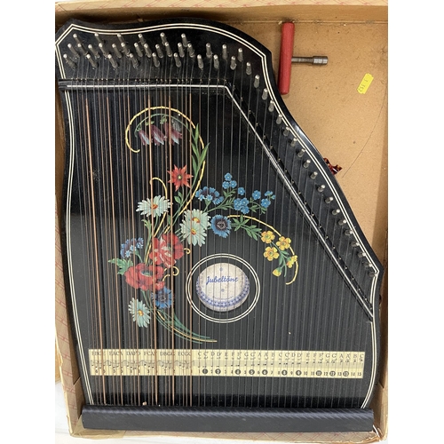 239 - Jubletone transfer printed floral decorated zither, H52.5cm