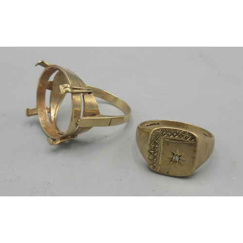 20 - 9ct yellow gold signet ring set with diamond, stamped 375, size S1/2, and a 9ct yellow gold empty so... 