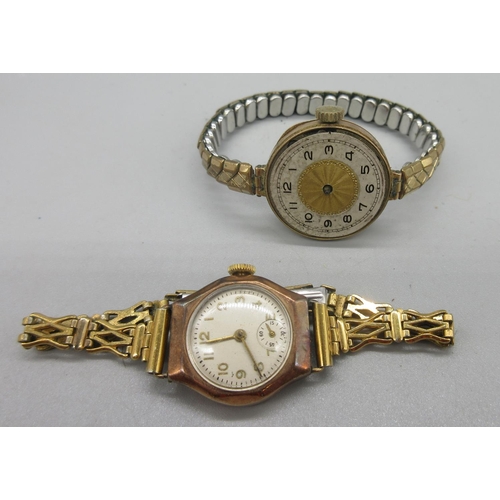 25 - 9ct yellow gold wristwatch on yellow metal strap, and another similar wristwatch, both cases stamped... 