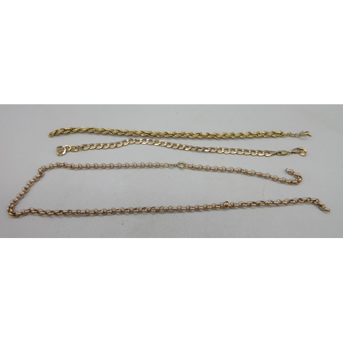 53 - 9ct yellow gold broken gold chains of various styles and lengths, all stamped 375, 12.12g