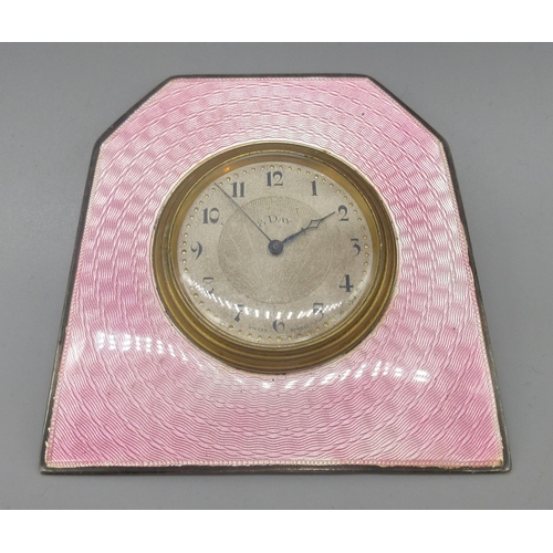 1193 - Art Deco silver and pink guilloche enamel 8 day bedside strut timepiece, silvered engine turned Arab... 