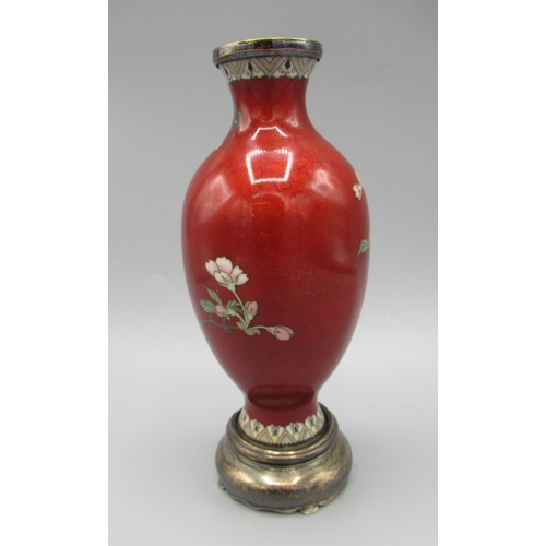 257 - Japanese Meiji period cloisonne enamel vase decorated with pink blossom on red ground, mounted on ha... 