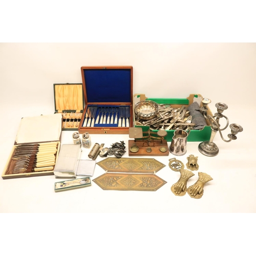 103 - Collection of silver plate and bronze items including qty of epns cutlery, candelabra, bronze paper ... 