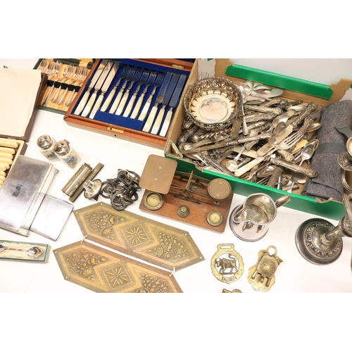 103 - Collection of silver plate and bronze items including qty of epns cutlery, candelabra, bronze paper ... 