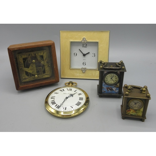 515 - Two miniature brass quartz carriage clock timepieces, H8cm max; cased brass sundial compass, W10cm; ... 