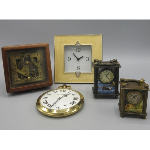 515 - Two miniature brass quartz carriage clock timepieces, H8cm max; cased brass sundial compass, W10cm; ... 