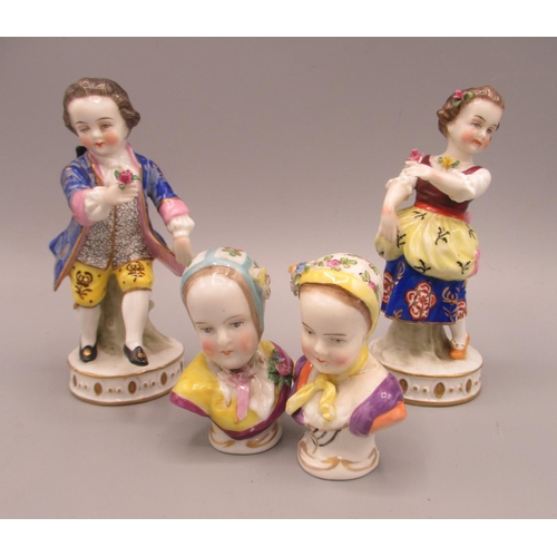 184 - Collection of Dresden style ceramics, incl. a male and a female figure and two busts, max H10cm