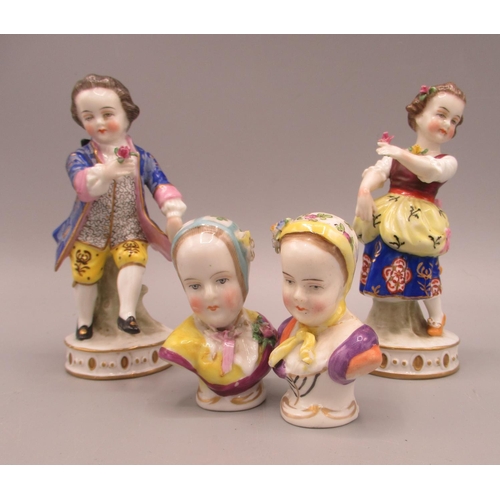 184 - Collection of Dresden style ceramics, incl. a male and a female figure and two busts, max H10cm