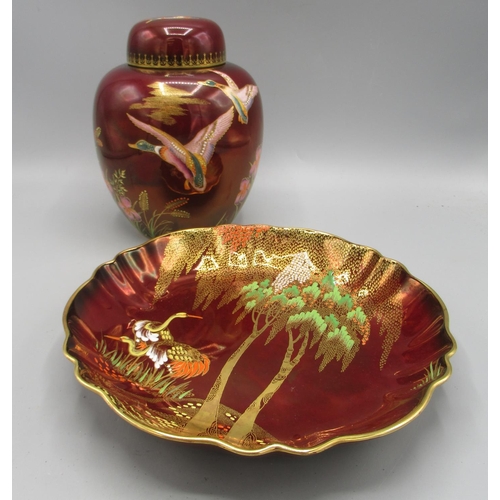 201 - Carlton Ware Rouge Royale Mallards ginger jar and New Stork pattern shallow dish, H19cm and D23cm re... 