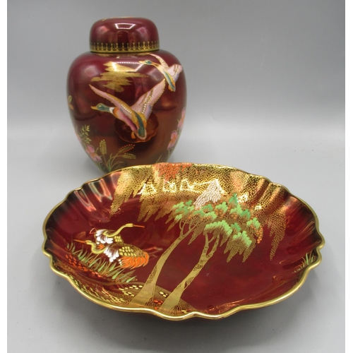 201 - Carlton Ware Rouge Royale Mallards ginger jar and New Stork pattern shallow dish, H19cm and D23cm re... 