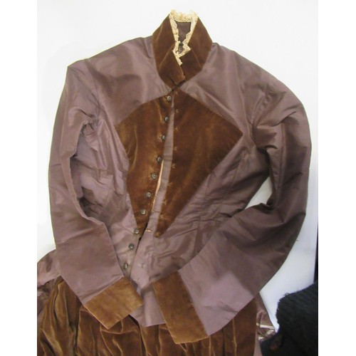 164 - Victorian/Early Edwardian skirt suit featuring a skirt with small integrated bustle and a velvet apr... 