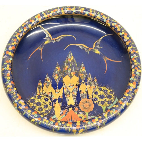 202 - Carlton Ware 'Fantasia' pattern large shallow bowl, decorated with birds and trees on dark blue grou... 