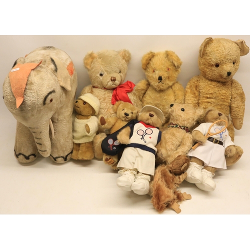 321 - Collection of vintage teddy bears including merrythought bear, vintage stuffed circus elephant, two ... 