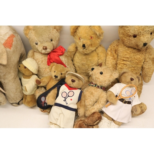 321 - Collection of vintage teddy bears including merrythought bear, vintage stuffed circus elephant, two ... 