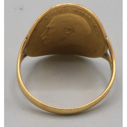 46 - Half sovereign set as ring on 18ct yellow gold band, stamped 18ct, 4.59g