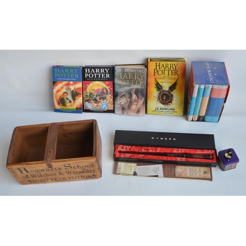 605B - Collection of Harry Potter hardback books, a Kymera wand, a wooden Potions and Spells crate and a fu... 