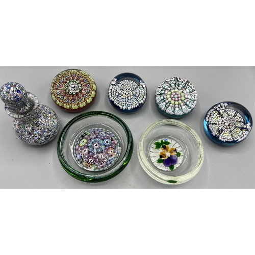 213 - Collection of Scottish Art Glass, comprising two Edinburgh Crystal glass millefiori paperweights, bo... 