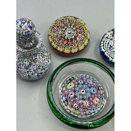 213 - Collection of Scottish Art Glass, comprising two Edinburgh Crystal glass millefiori paperweights, bo... 