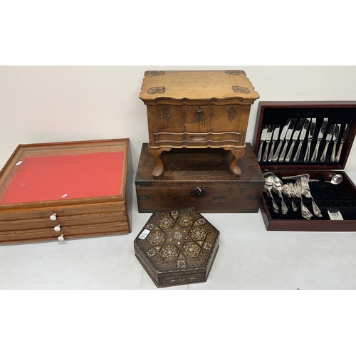 242 - Three drawer tabletop cabinet, sewing box with contents, canteen of Arthur Price silver plated cutle... 