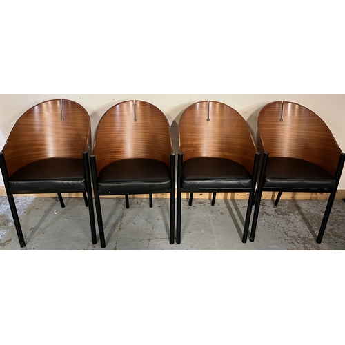 669 - Set of four Philippe Starck Café Costes style dining chairs, with tub shaped plywood backs, black fa... 