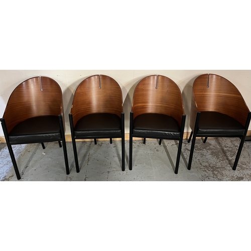 670 - Set of four Philippe Starck Café Costes style dining chairs, with tub shaped plywood backs, black fa... 