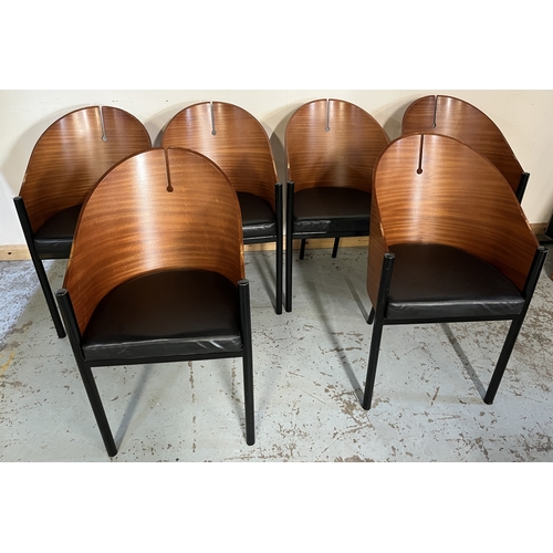 671 - Set of six Philippe Starck Café Costes style dining chairs, with tub shaped plywood backs, black fau... 