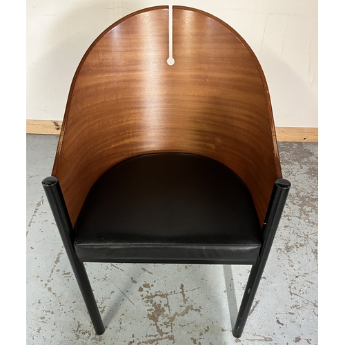 672 - Philippe Starck Café Costes style single dining chair, with tub shaped plywood back, black faux leat... 