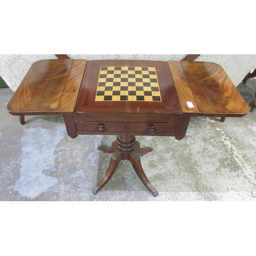 129 - Regency mahogany drop leaf games table, with reversable chess board top and backgammon interior, abo... 