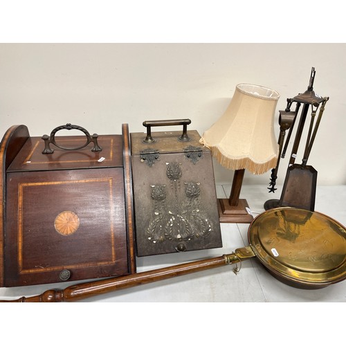 675 - Two Edwardian coal boxes, oak table lamp, fireside companion set, Community Plate cutlery, etc.