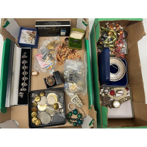 643 - Collection of costume jewellery, micro mosaic brooch, commemorative coins, etc. (2 boxes)